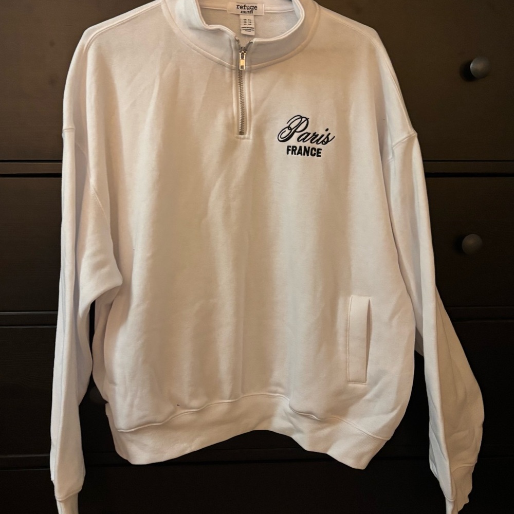 Refuge White Zip-Up Sweater with Paris France Embroidery